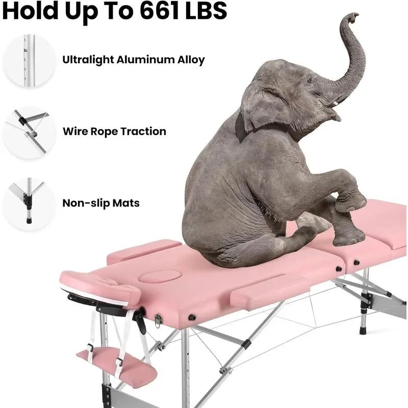 Portable Massage Table Upgraded 2" Thick Sponge, Height Adjustable Aluminum Massage Bed