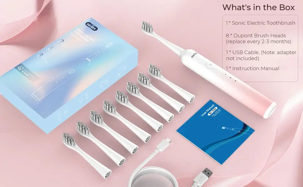SEJOY Sonic Electric Toothbrush Rechargeable Power 8 Brush Heads 5 Modes Timer
