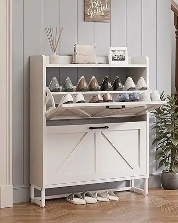 Shoe Storage Cabinet with 2 Flip Drawers, Freestanding Shoe Rack Cabinet with Metal Legs, Hidden Shoe Organizer Cabinet