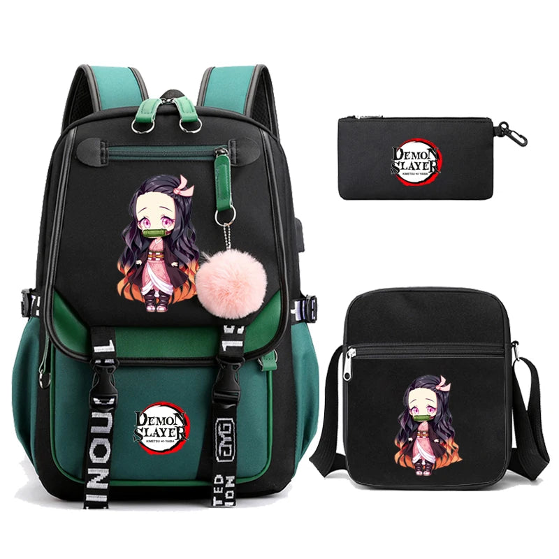 3Pcs Kamado Nezuko Demon Slayer Backpacks Set for Girls Anime School Bag Teenager Student Canvas Laptop Back Pack Women Rucksack