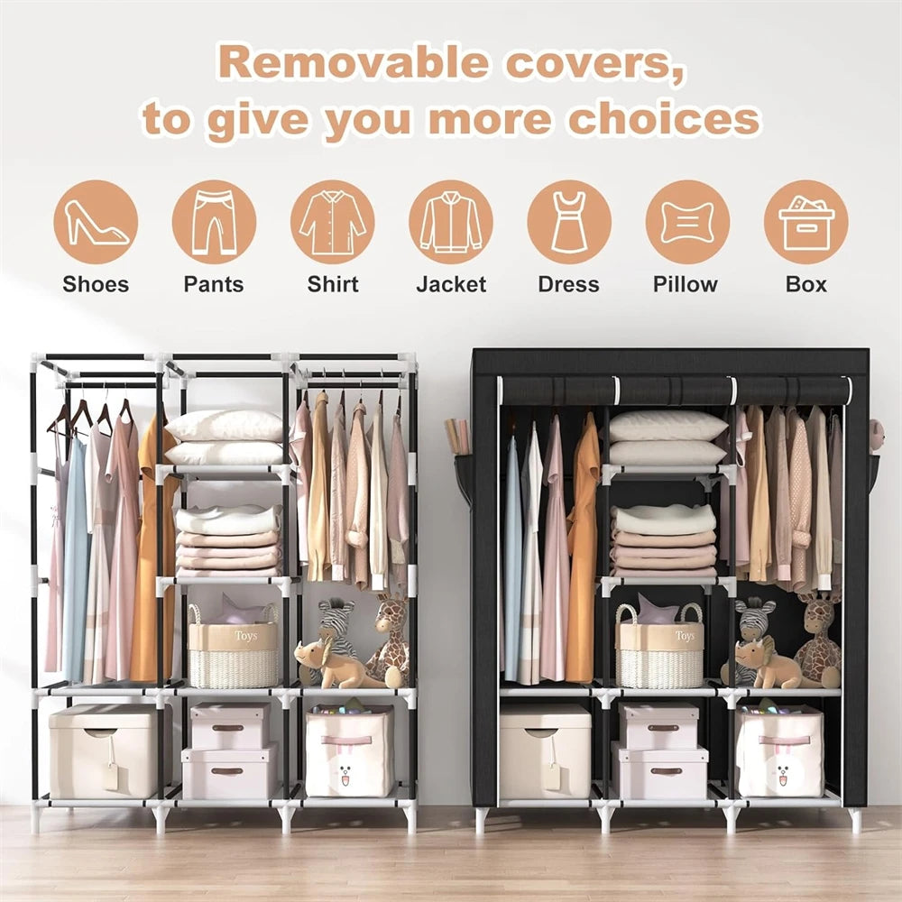Portable Large Clothes Organizer with 6 Storage Shelves, 2 Hanging Sections 4 Side Pockets