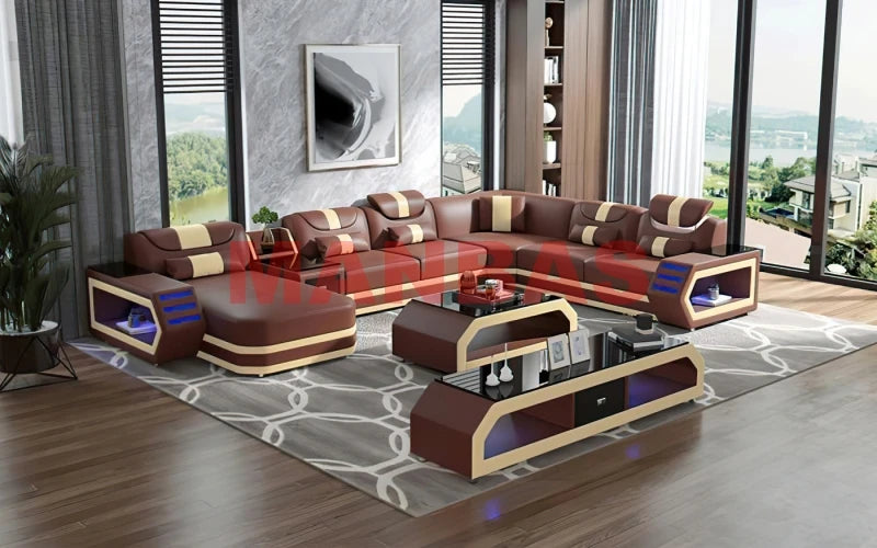 MANBAS Italian Genuine Leather Sectional Sofa with LED Lights | Futuristic Furniture U Shape Couch Living Room Big Sofas Set