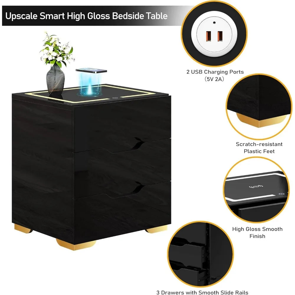 Nightstand with Wireless Charging Station & USB Charging, Smart Bedside Table with Adjustable LED Lights, End Table Organizer