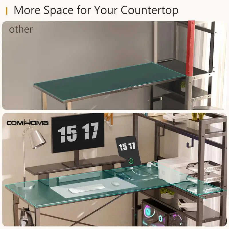 Computer desk Gaming desk with shelves, L-shaped corner  55' Reversible  with charging connection,integrated socket