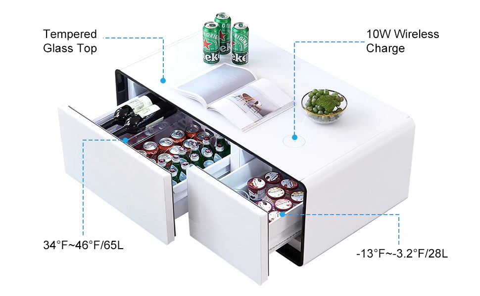 Smart Coffee Table with Fridge, 90L Smart Table with Built in Fridge, Wireless Charger, USB Port, for Living Room Reception Room