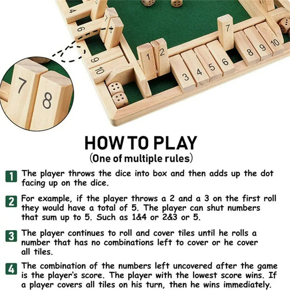 Shut The Box Dice Board Game Wooden Flaps & Dices for 4 Players