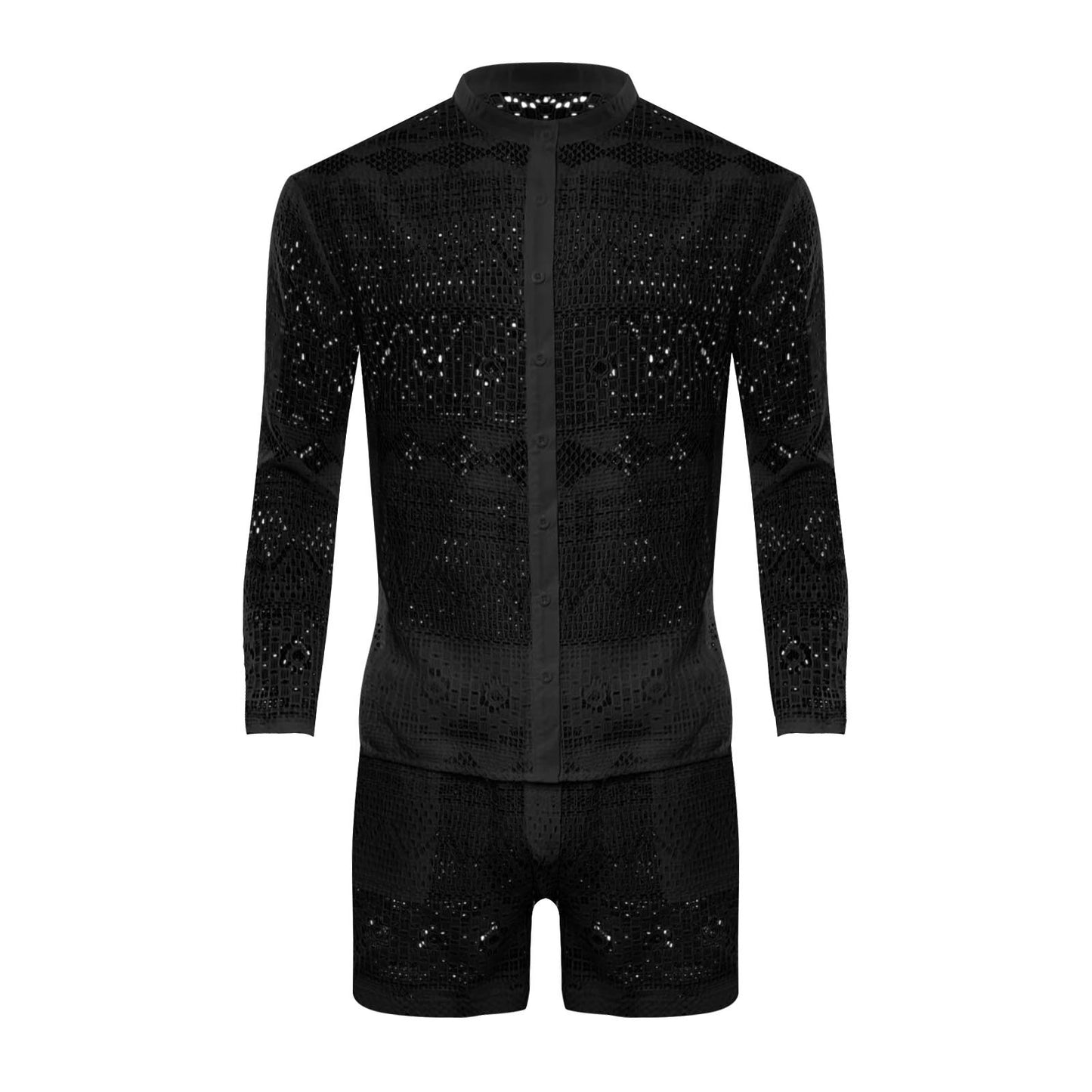 Hollow Out Sexy Lace Suit Fashion Long Sleeve Shirt Casual Shorts Men'S Clothing Suit Solid Color Matching Summer Suit For Male