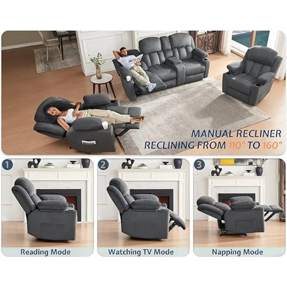 3 Seater Recliner Chair with Cup Holders Plush Fabric Reclining Couch Recliner Sofas for Living Room