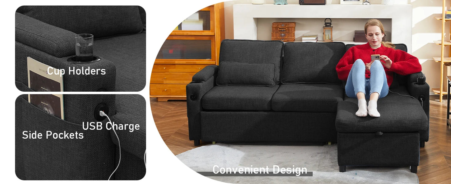 Sleeper Pull Out 2 in 1 Sectional Sleeper Sofa Couches with Storage,USB, Cup Holder,Pullout Sectional Couches