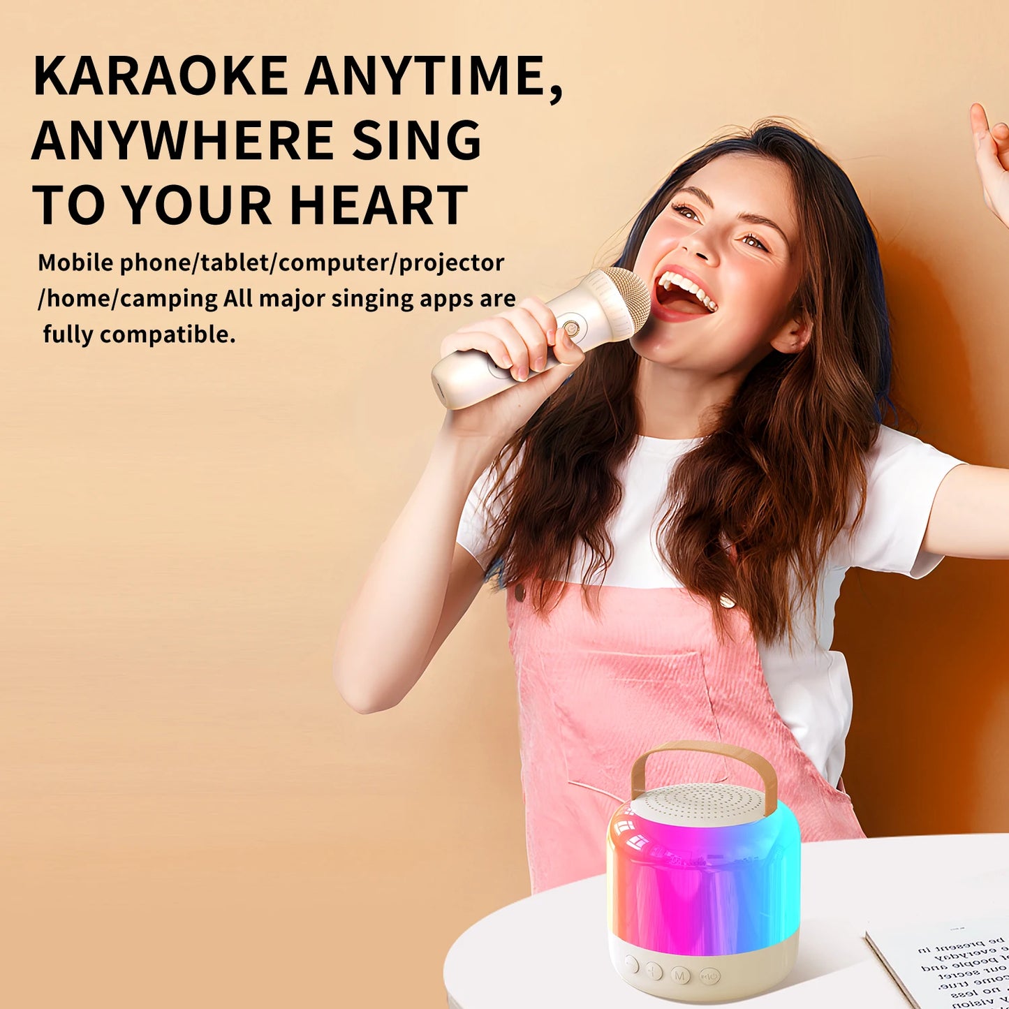 Mini Karaoke Machine for Kids Adult, Portable Bluetooth Karaoke Speaker with 2 Wireless Microphones and LED Colourful Lights