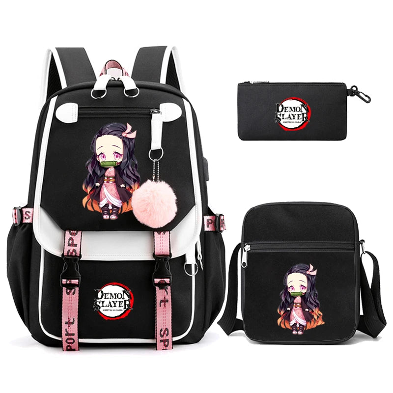 3Pcs Kamado Nezuko Demon Slayer Backpacks Set for Girls Anime School Bag Teenager Student Canvas Laptop Back Pack Women Rucksack