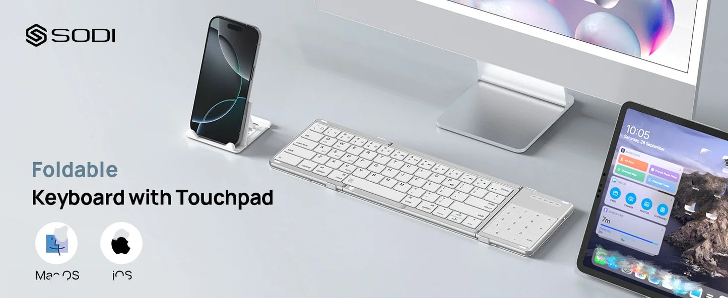 SODI Foldable Keyboard with Touchpad Portable Wireless Keyboard with Phone Holder Rechargeable for iPad iPhone Mac iOS White