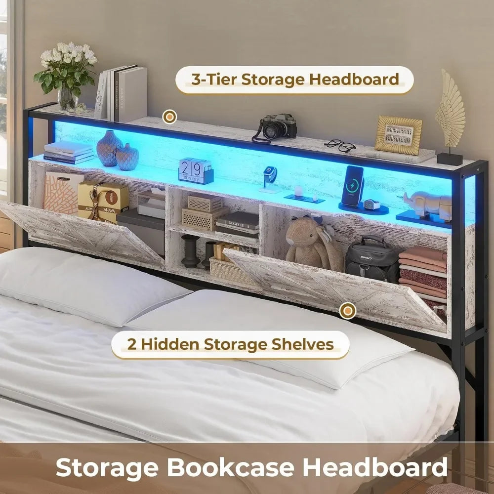 Full Bed Frame w RGB LED Lights & Hidden Storage Headboard, Full Metal Platform Bed with Type-C Charging Station and 4 Drawers