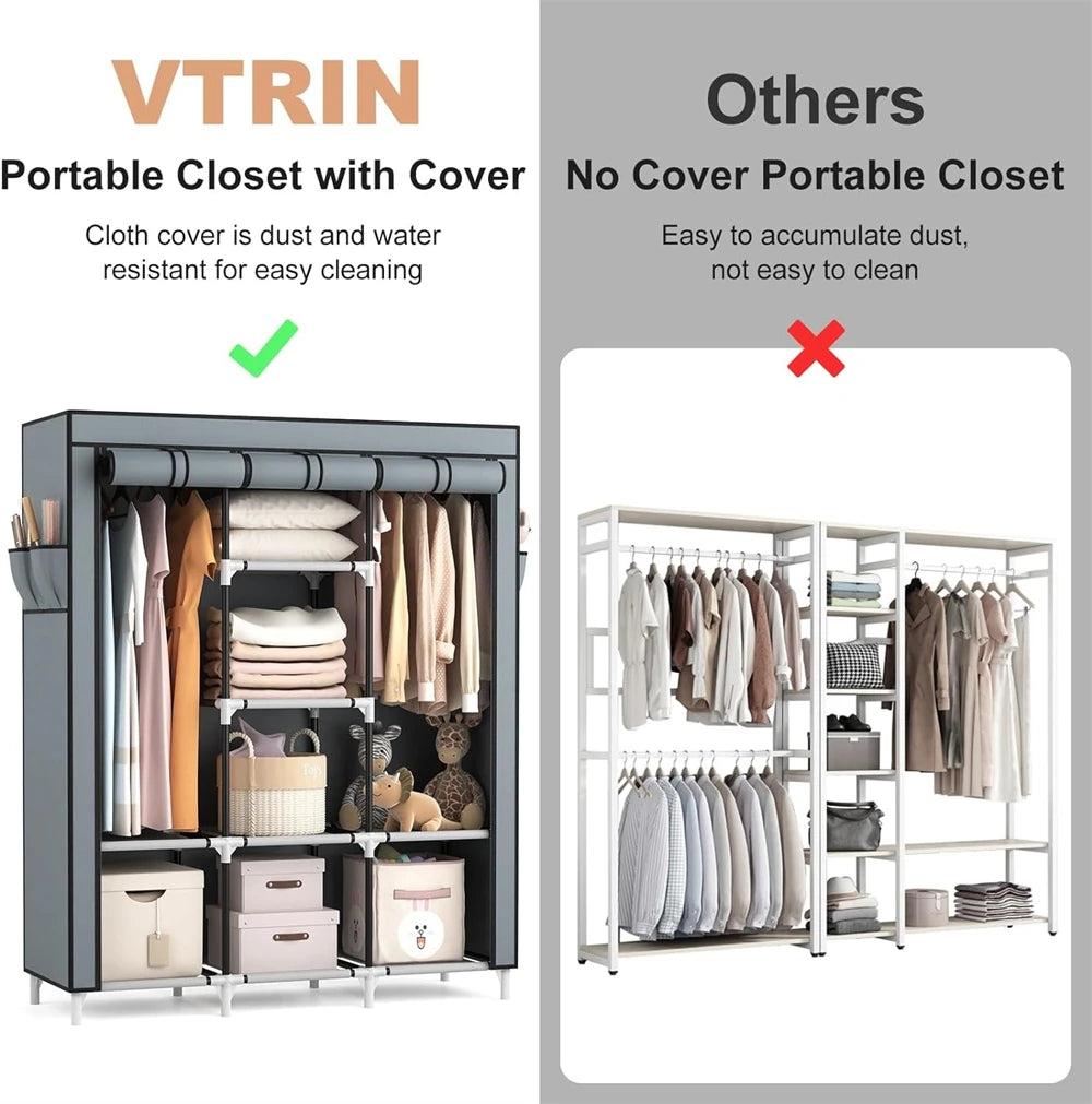 Portable Large Clothes Organizer with 6 Storage Shelves, 2 Hanging Sections 4 Side Pockets