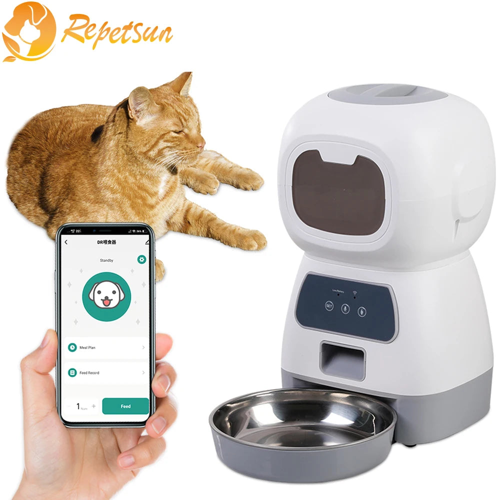 Smartphone Controlled Pet Feeder for Cats and Dogs with Voice Recorder and Large Capacity Timing Food Dispenser