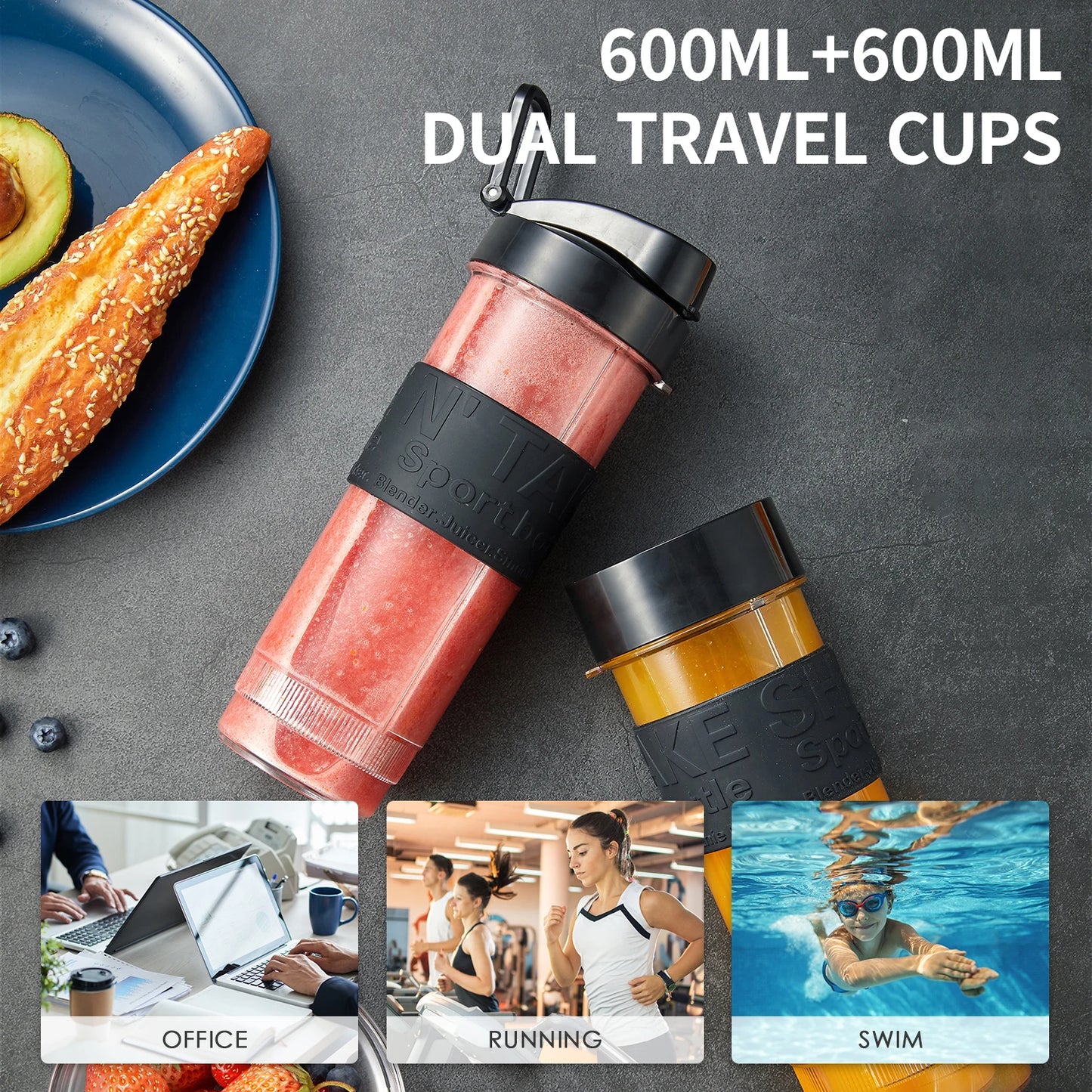 Personal Blender with 2 x 20oz Travel Bottle and Coffee/Spices Jar, Portable Smoothie Blender and Coffee Grinder in One