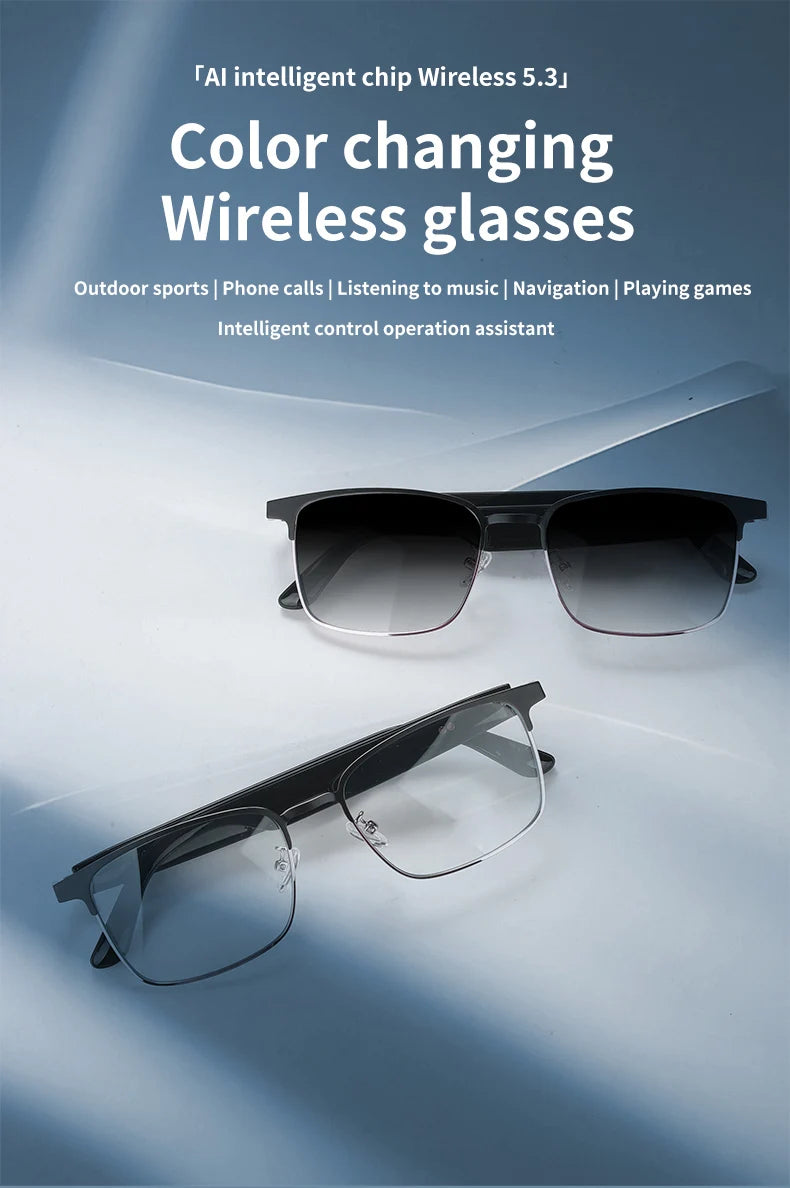 New smart glasses with auto-sensitive lenses, built-in microphone and speaker for sports, driving, fishing and everyday wear.
