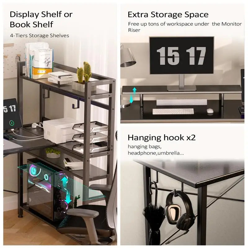 Computer desk Gaming desk with shelves, L-shaped corner  55' Reversible  with charging connection,integrated socket