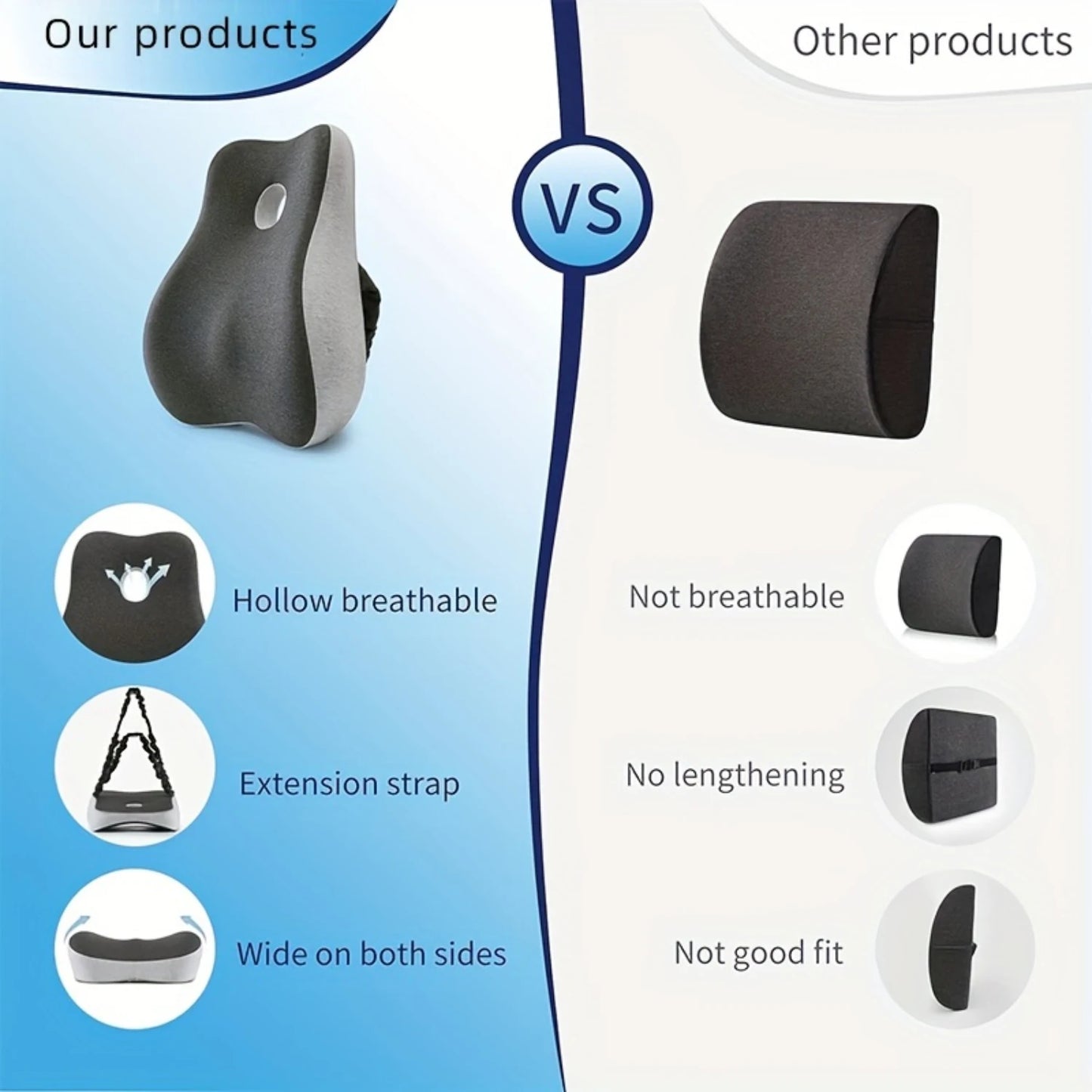 Ergonomic Memory Foam Lumbar Support Pillow - Adjustable, Washable Cover for Office, Car & Travel Comfort