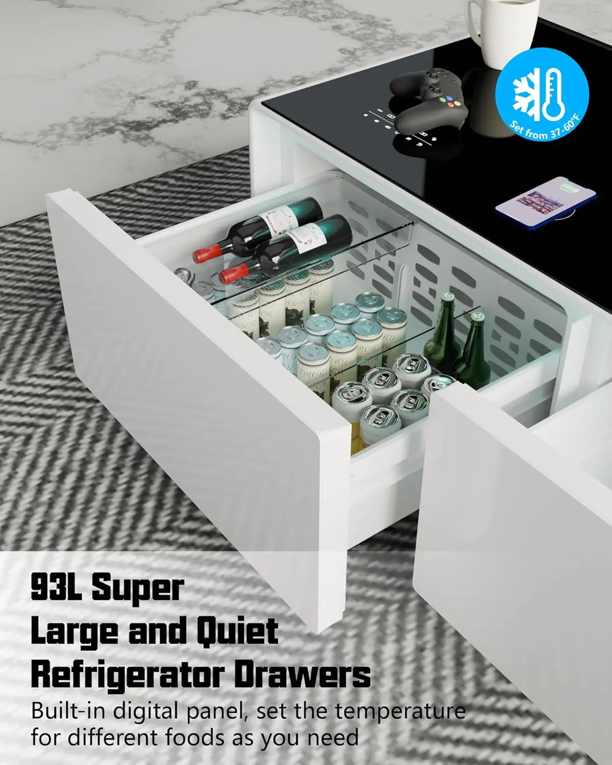 Smart Coffee Table, 23" D x 41.5" W x 18.1" H, Living Room Table with Built in Fridge and Speakers, Smart Table