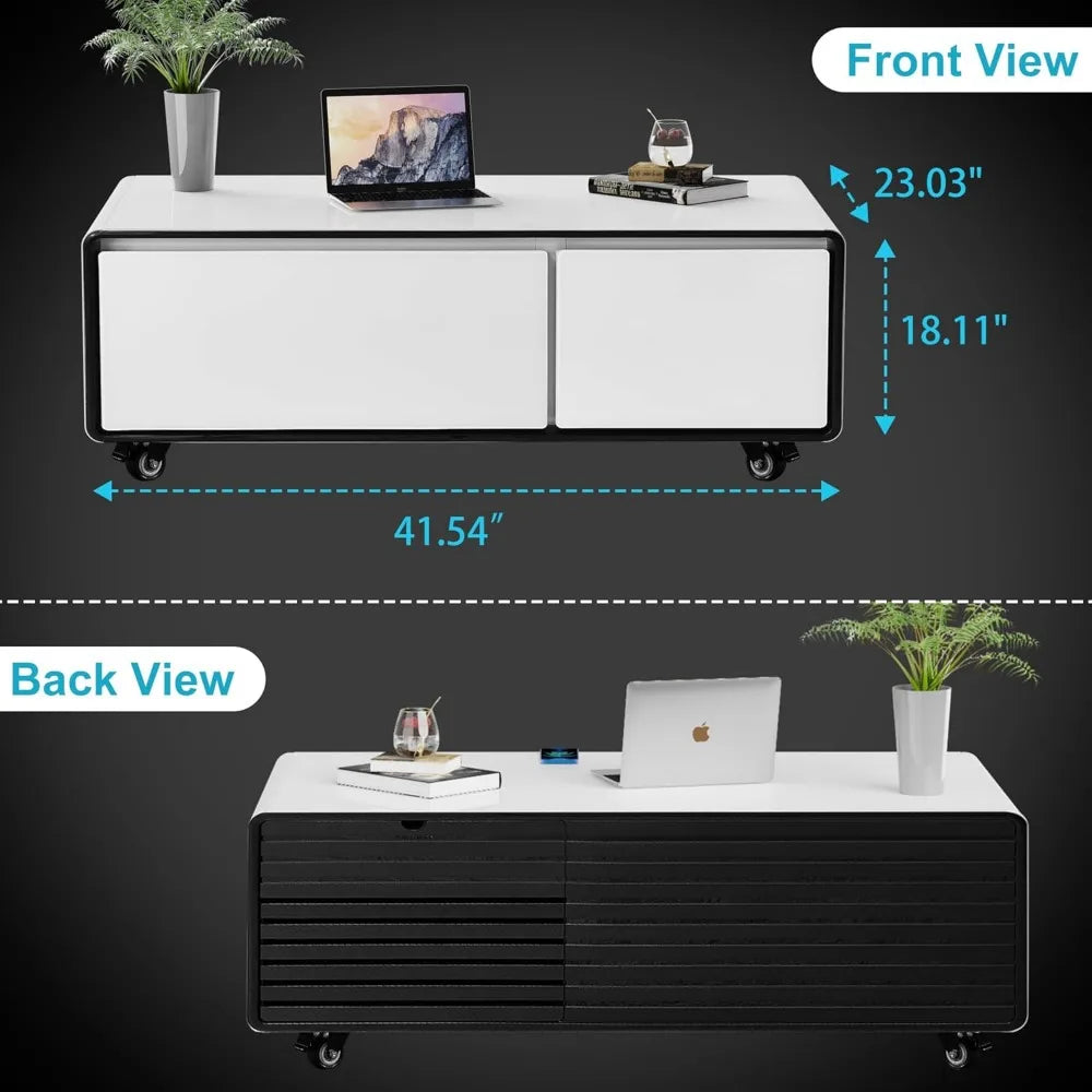 Smart Coffee Table with Fridge, 90L Smart Table with Built in Fridge, Wireless Charger, USB Port, for Living Room Reception Room