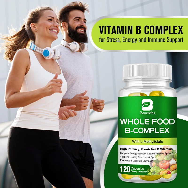 BEWORTHS Vitamin B Complex Capsules B1,B2,B3,B5,B6,B7,B12 Whole Food Supplement for Stress, Energy and Immune Support Non-GMO