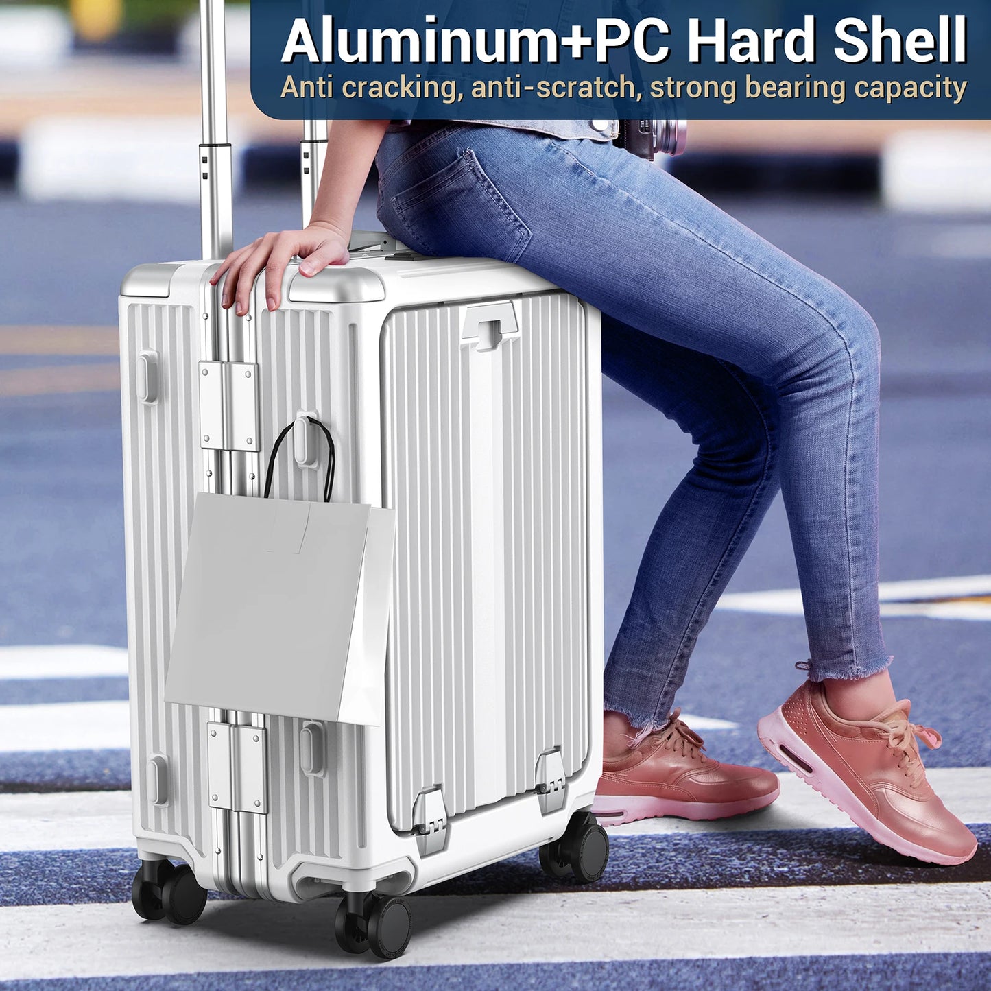 Airline Approved 22 inch Carry On Luggage,Aluminum Framed Carry On Suitcase with Front Open Laptop Compartment/Pocket