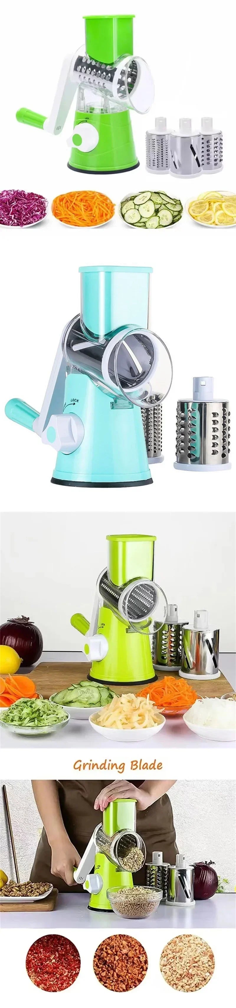 Manual Rotary Vegetable Slicer Cutter Kitchen Vegetable Cheese Grater Chopper with 3 Sharp Stainless Steel Drums