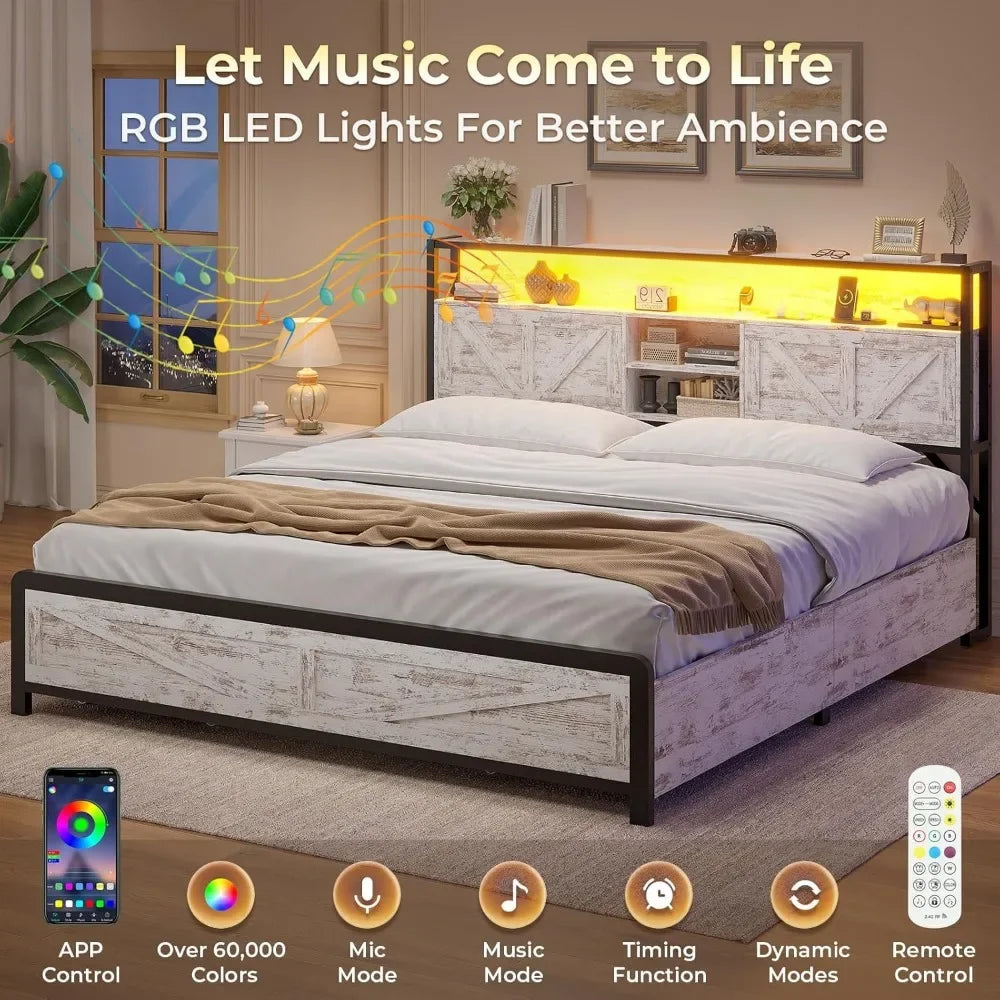 Full Bed Frame w RGB LED Lights & Hidden Storage Headboard, Full Metal Platform Bed with Type-C Charging Station and 4 Drawers