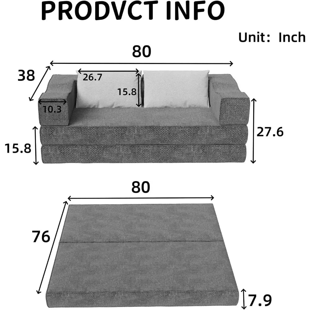 Folding Sofa Bed, 80 Inch Convertible Sofa Bed, with 2 Pillows, Folding Sofa, Foam Spring Floor Mattress