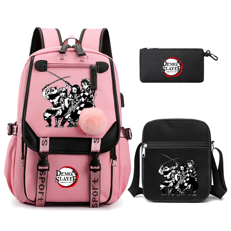 3Pcs Kamado Nezuko Demon Slayer Backpacks Set for Girls Anime School Bag Teenager Student Canvas Laptop Back Pack Women Rucksack