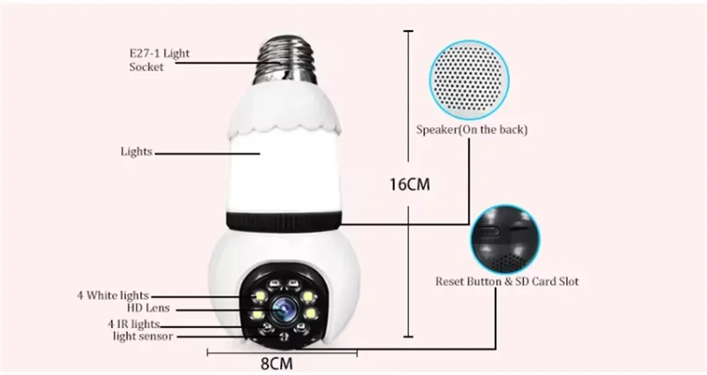 8MP E27 LED Bulb Camera WiFi Surveillance Camera Automatic AI Tracking Indoor Video 8X Zoom Color Night Vision Wireless Cam CCTV