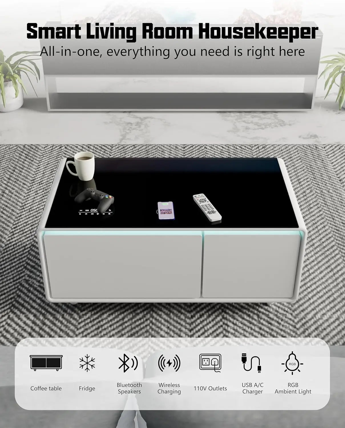 Smart Coffee Table, 23" D x 41.5" W x 18.1" H, Living Room Table with Built in Fridge and Speakers, Smart Table