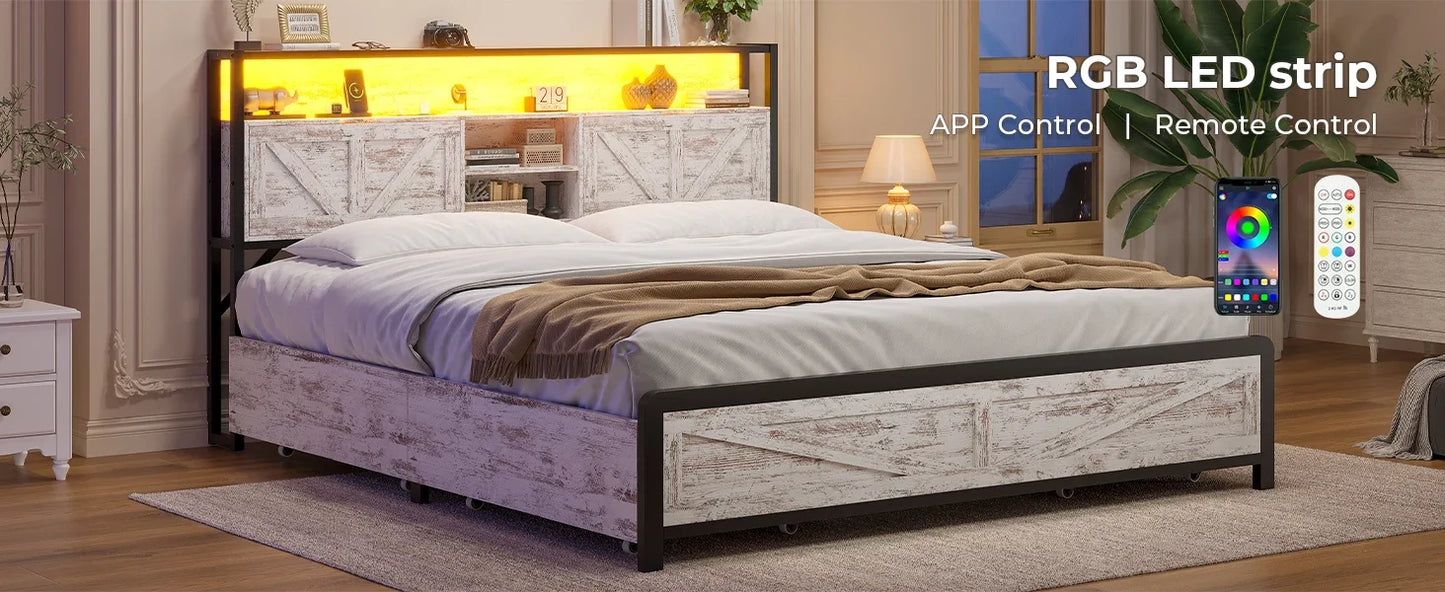 Full Bed Frame w RGB LED Lights & Hidden Storage Headboard, Full Metal Platform Bed with Type-C Charging Station and 4 Drawers