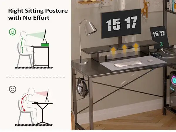 Computer desk Gaming desk with shelves, L-shaped corner  55' Reversible  with charging connection,integrated socket