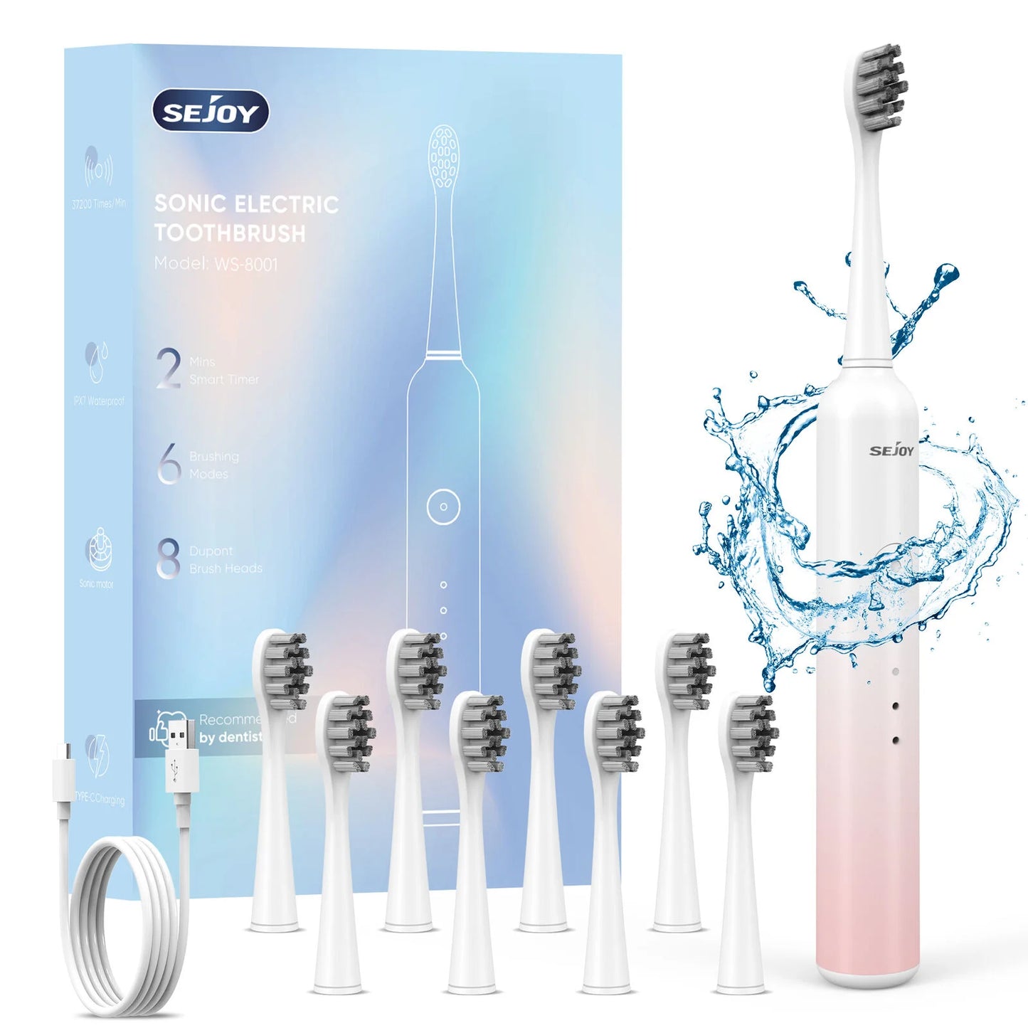 SEJOY Sonic Electric Toothbrush Rechargeable Power 8 Brush Heads 5 Modes Timer