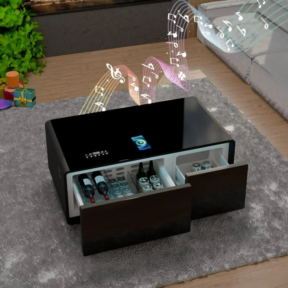Smart Coffee Table, Living Room Table with Built in Fridge, , 15W Wireless Charging, USB Chargers and Speakers