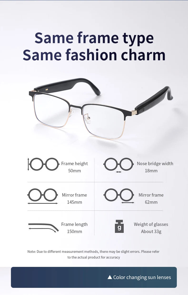 New smart glasses with auto-sensitive lenses, built-in microphone and speaker for sports, driving, fishing and everyday wear.