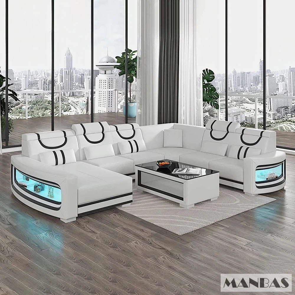 MANBAS Italian Genuine Leather Sofa - 2 Colors Combination, LED Light & Soft Cushions