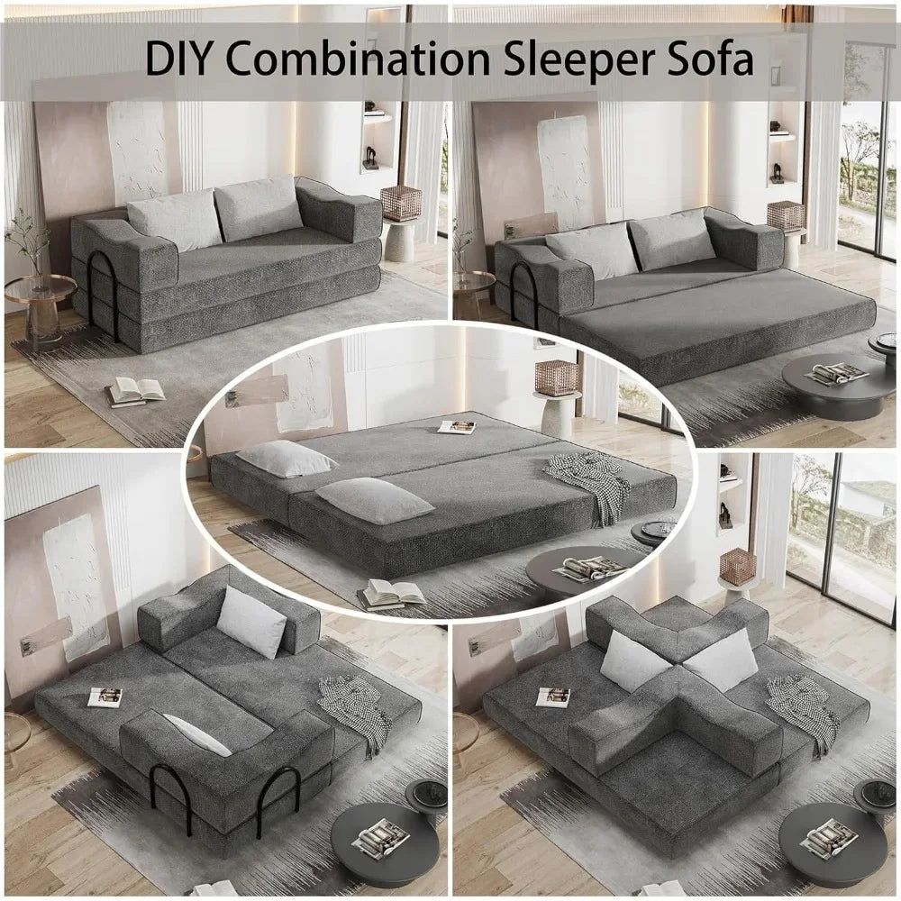 Folding Sofa Bed, 80 Inch Convertible Sofa Bed, with 2 Pillows, Folding Sofa, Foam Spring Floor Mattress
