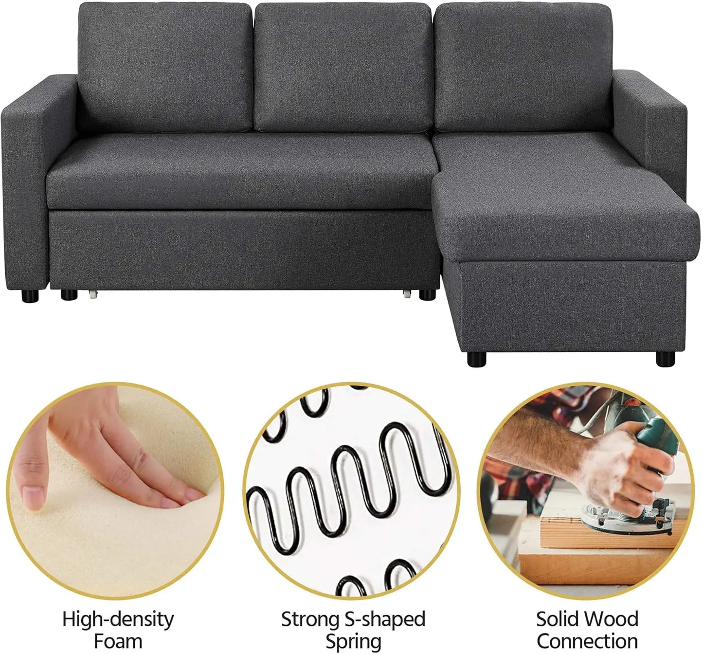 Sectional Sofa L-Shaped Sofa Couch Bed w/Chaise & USB, Reversible Couch Sleeper w/Pull Out Bed & Storage Space, 4-seat Fabric