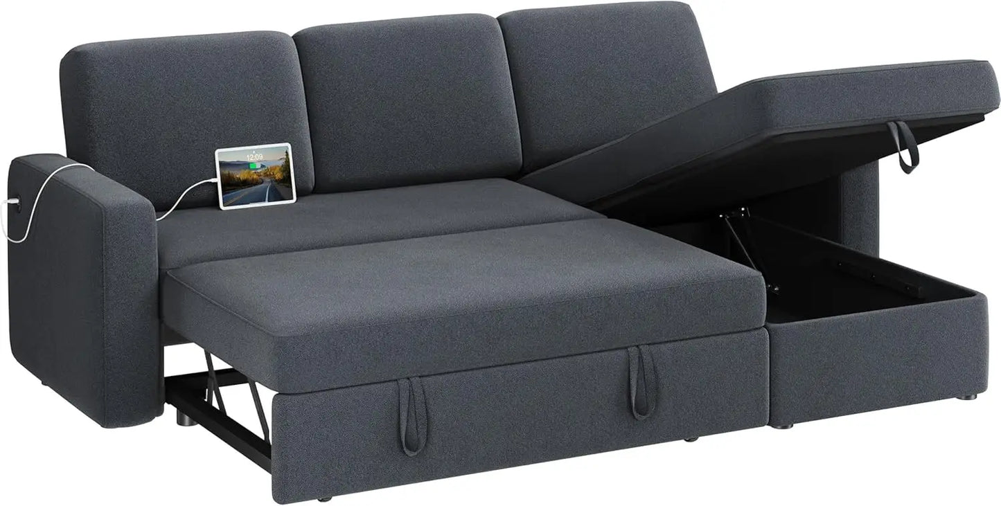 Sectional Sofa L-Shaped Sofa Couch Bed w/Chaise & USB, Reversible Couch Sleeper w/Pull Out Bed & Storage Space, 4-seat Fabric