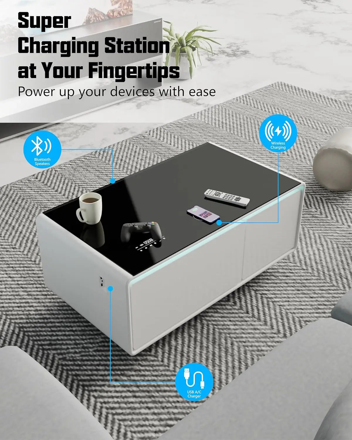 Smart Coffee Table, 23" D x 41.5" W x 18.1" H, Living Room Table with Built in Fridge and Speakers, Smart Table