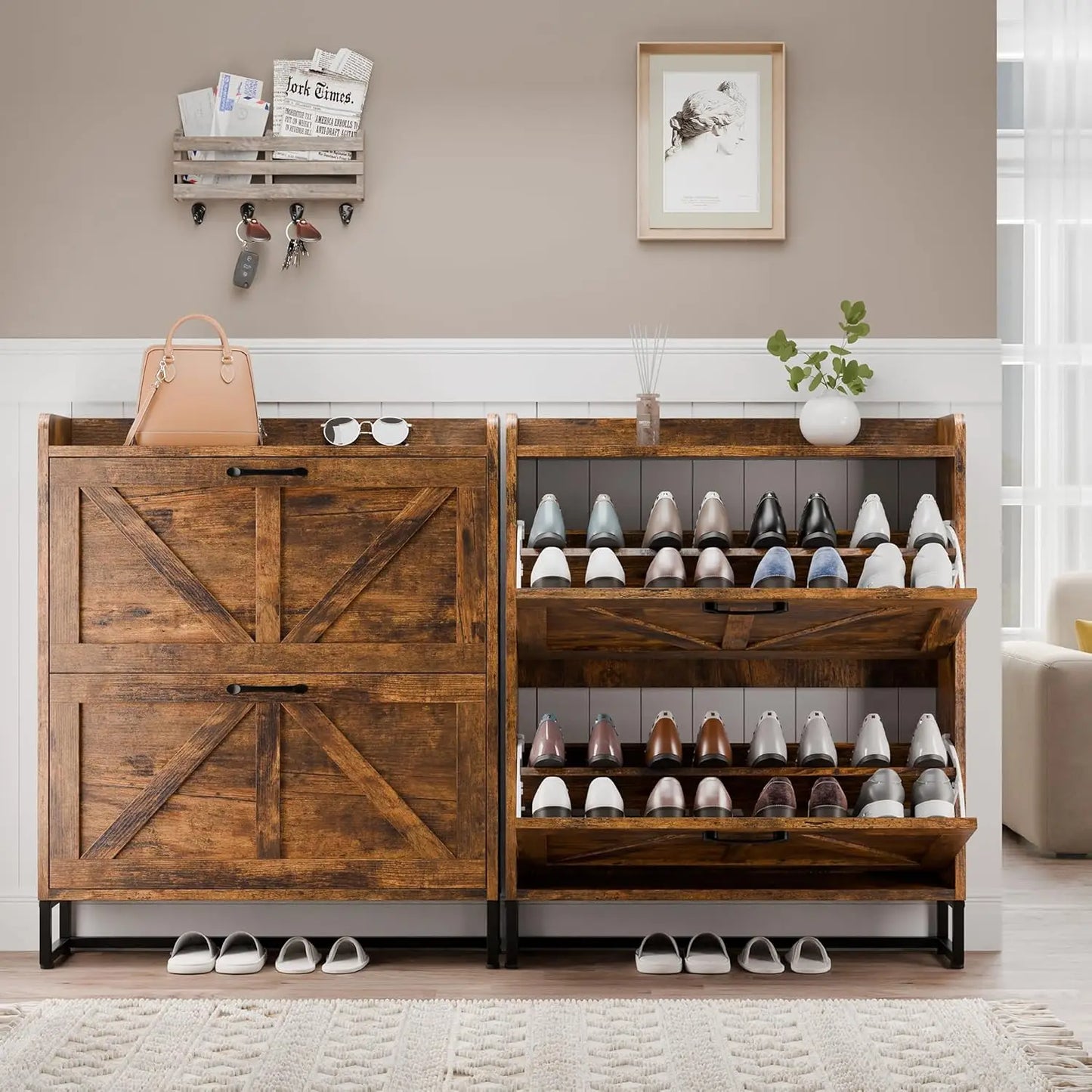 Shoe Storage Cabinet with 2 Flip Drawers, Freestanding Shoe Rack Cabinet with Metal Legs, Hidden Shoe Organizer Cabinet