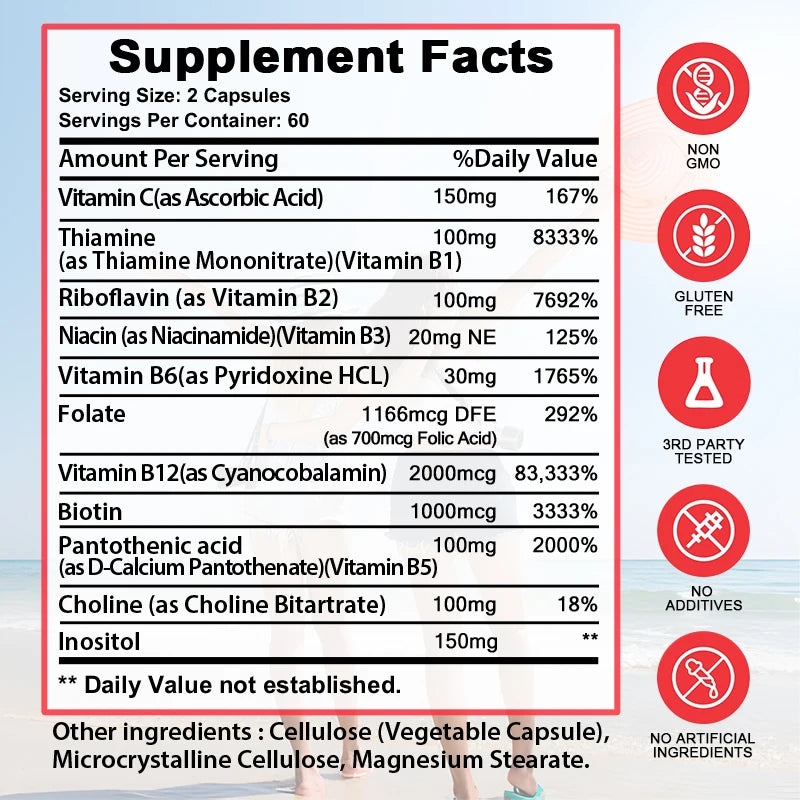 6 B Vitamins + Multivitamin Supplement for Energy Support, Nervous System Support, Mood Support, 120 Capsules
