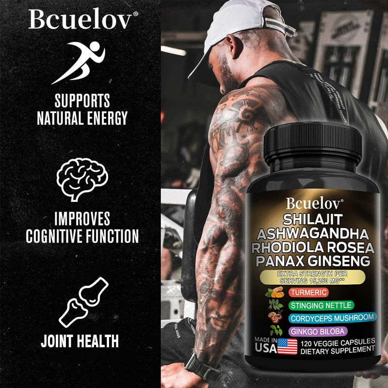 Shilajit Resin Himalaya Capsules - 15250 mg - Combination of Ashwagandha, Ginseng, Cordyceps, Ginkgo, Turmeric