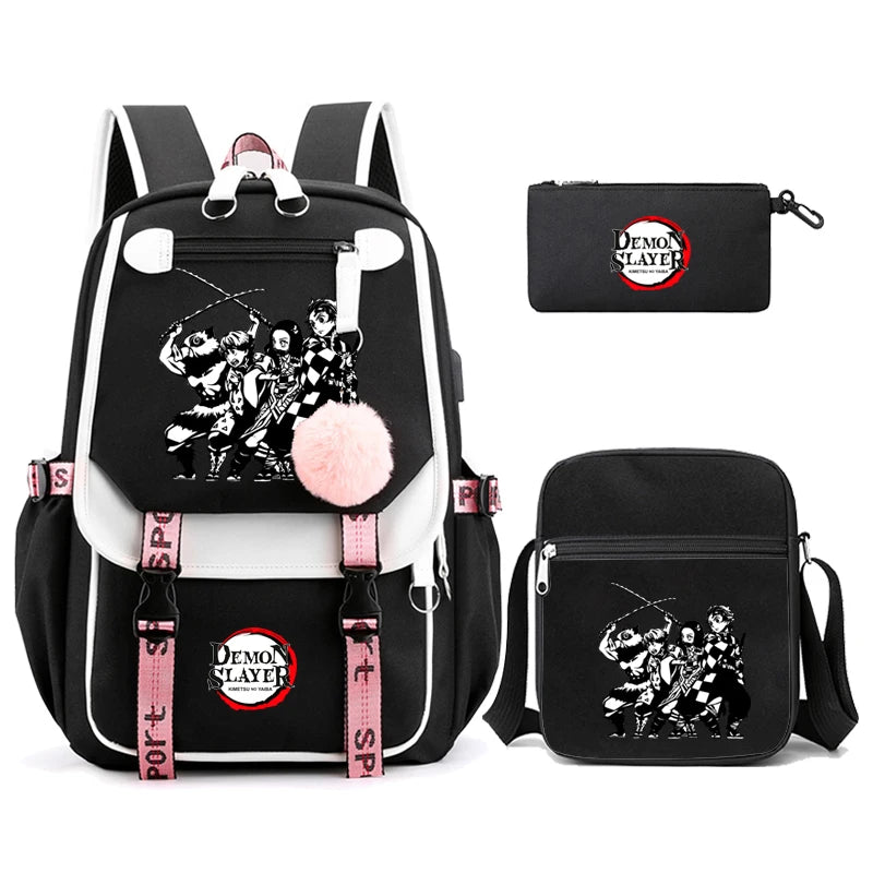 3Pcs Kamado Nezuko Demon Slayer Backpacks Set for Girls Anime School Bag Teenager Student Canvas Laptop Back Pack Women Rucksack