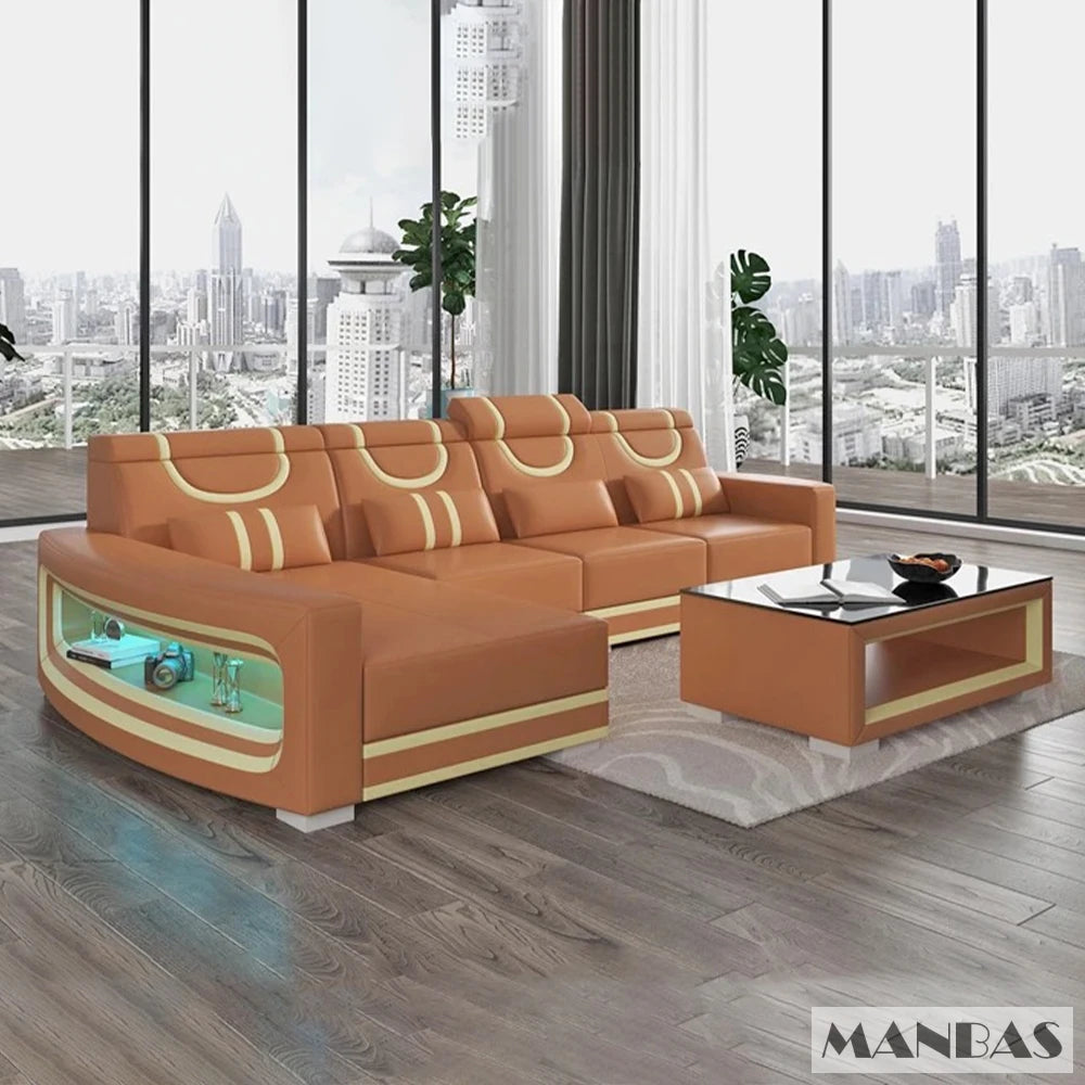 MANBAS Italian Genuine Leather Sofa - 2 Colors Combination, LED Light & Soft Cushions