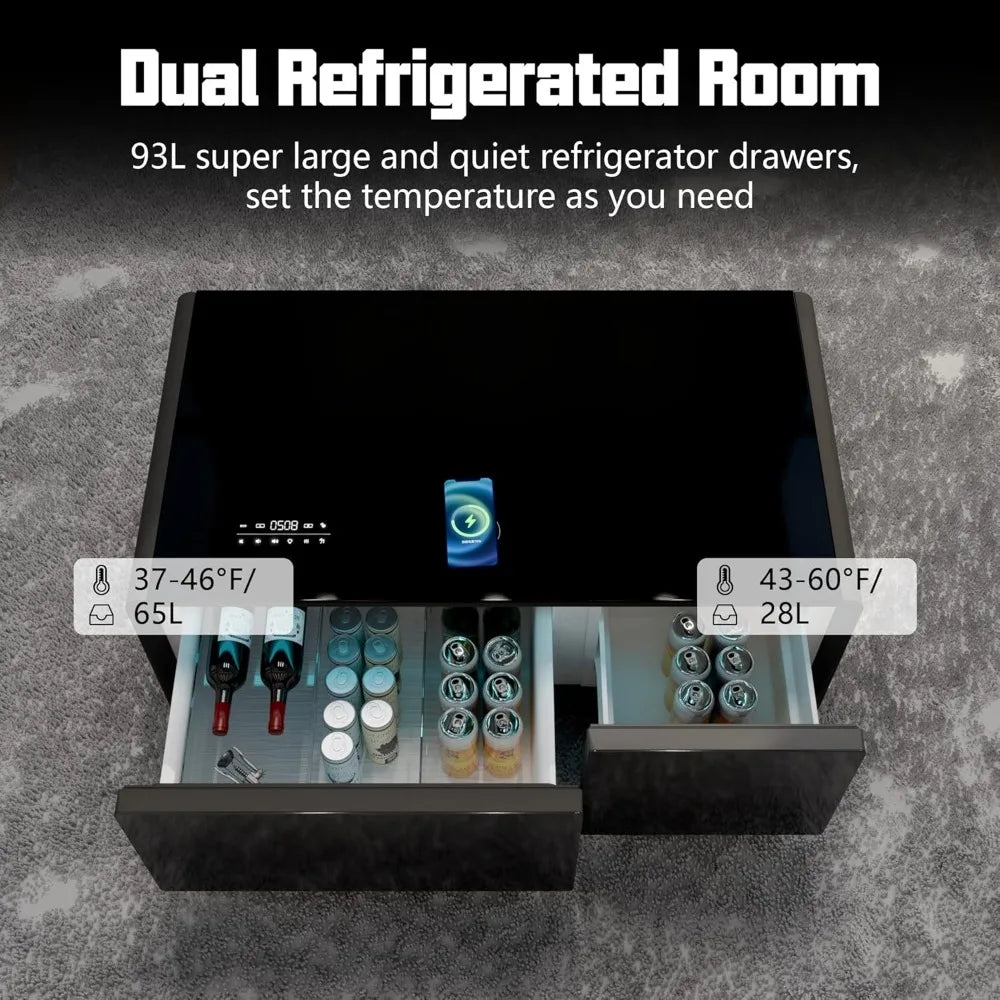 Smart Coffee Table, Living Room Table with Built in Fridge, , 15W Wireless Charging, USB Chargers and Speakers