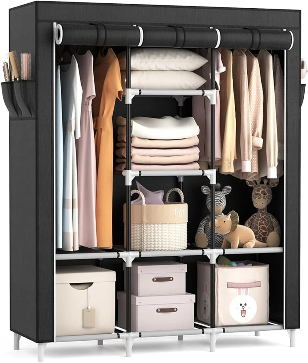 Portable Large Clothes Organizer with 6 Storage Shelves, 2 Hanging Sections 4 Side Pockets